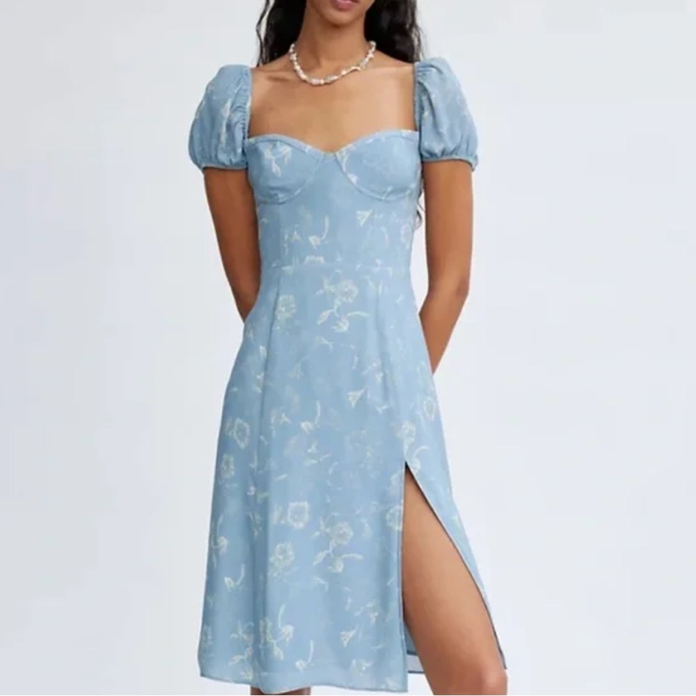 Sunday Best Light Blue Floral Midi Dress with Puff Sleeves